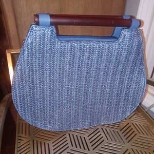 Woven blue purse wooden handles